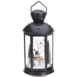Kerstlantaarn 43cm - met licht en sneeuwpop