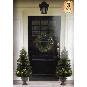 Kerstbomen en kerstkrans met LED - set van 3 stuks